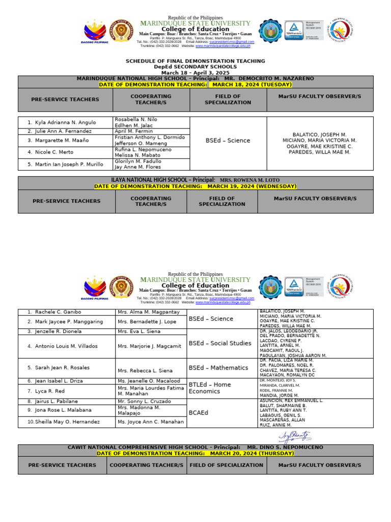 1schedule Final Demonstration Teaching2nd Sem AY 2024 2025 | PDF ...