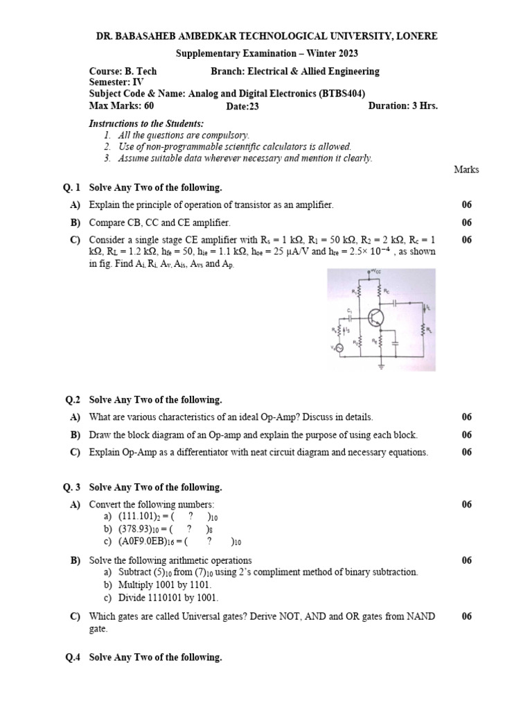 B.Tech Exam: Analog & Digital Electronics | PDF | Electronic Circuits ...