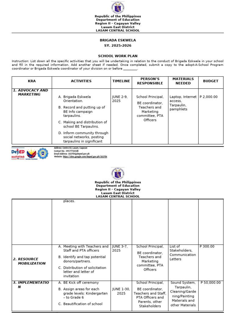 Work Plan Brigada Eskwela | PDF
