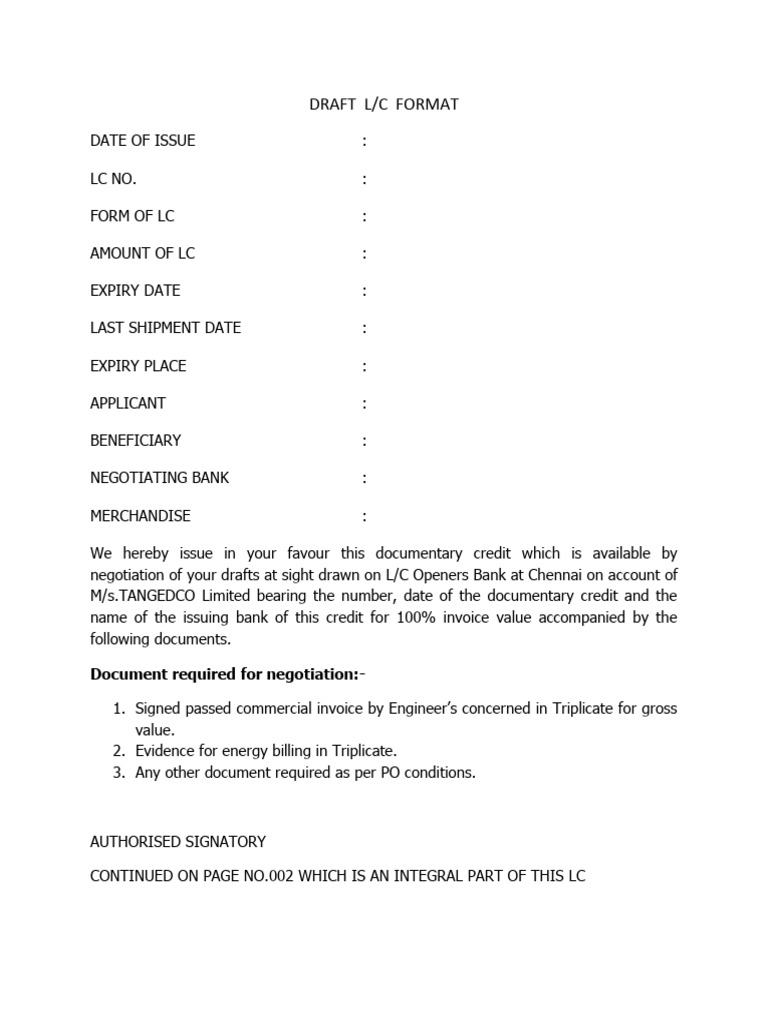 Draft Letter of Credit Format | PDF | Letter Of Credit | Private Law