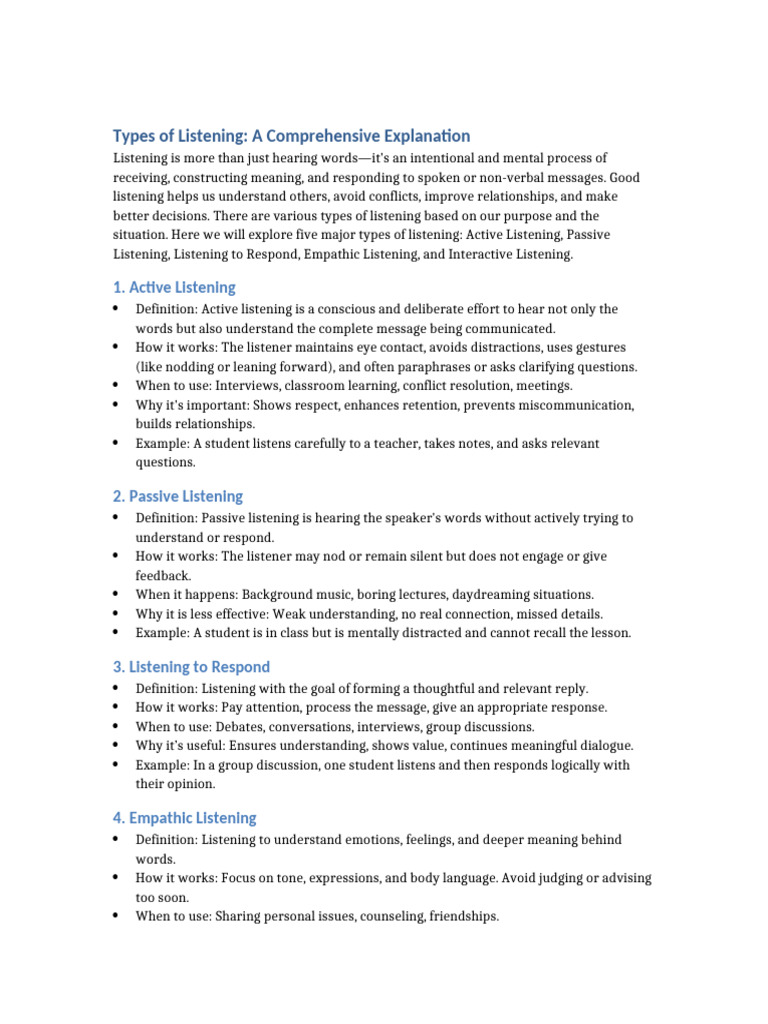 Types of Listening Explained | PDF | Behavior Modification | Communication