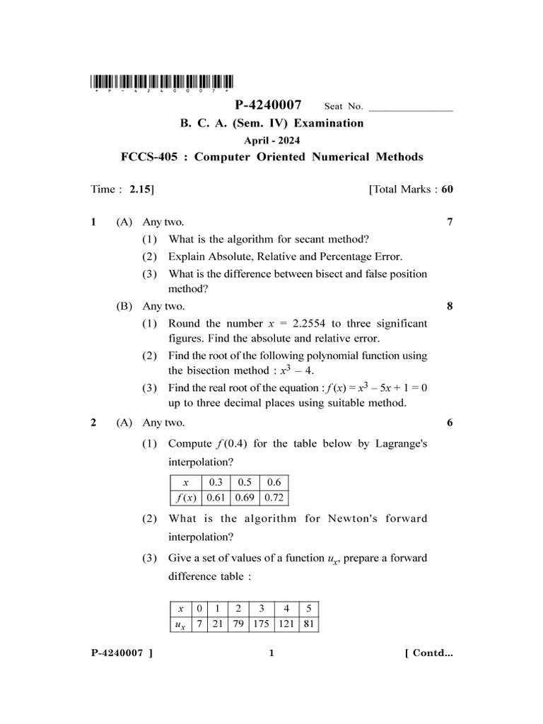Numerical Methods Exam Questions 2024 | PDF | Interpolation | Numerical ...