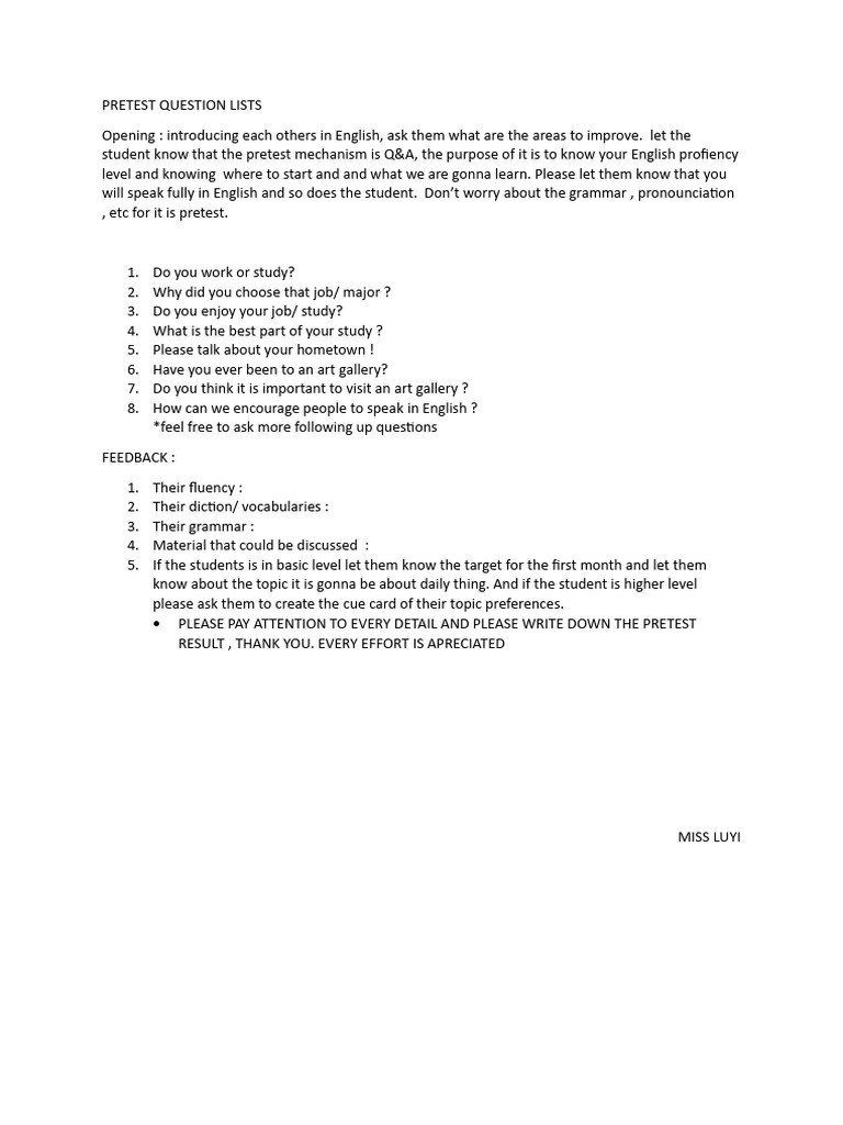English Proficiency Pretest Questions | PDF