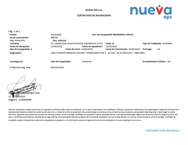 Certificado de Incapacidad Nueva EPS S.A. | PDF