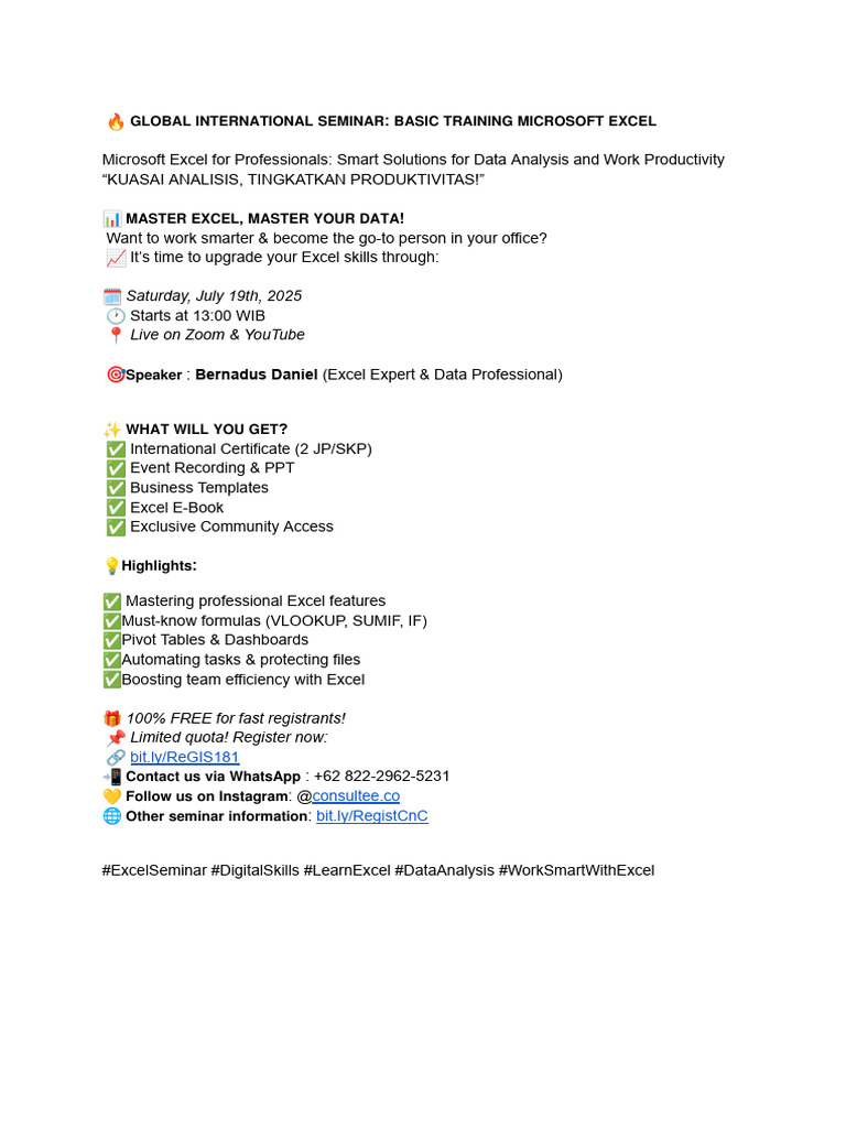 Free Microsoft Excel Training Seminar | PDF