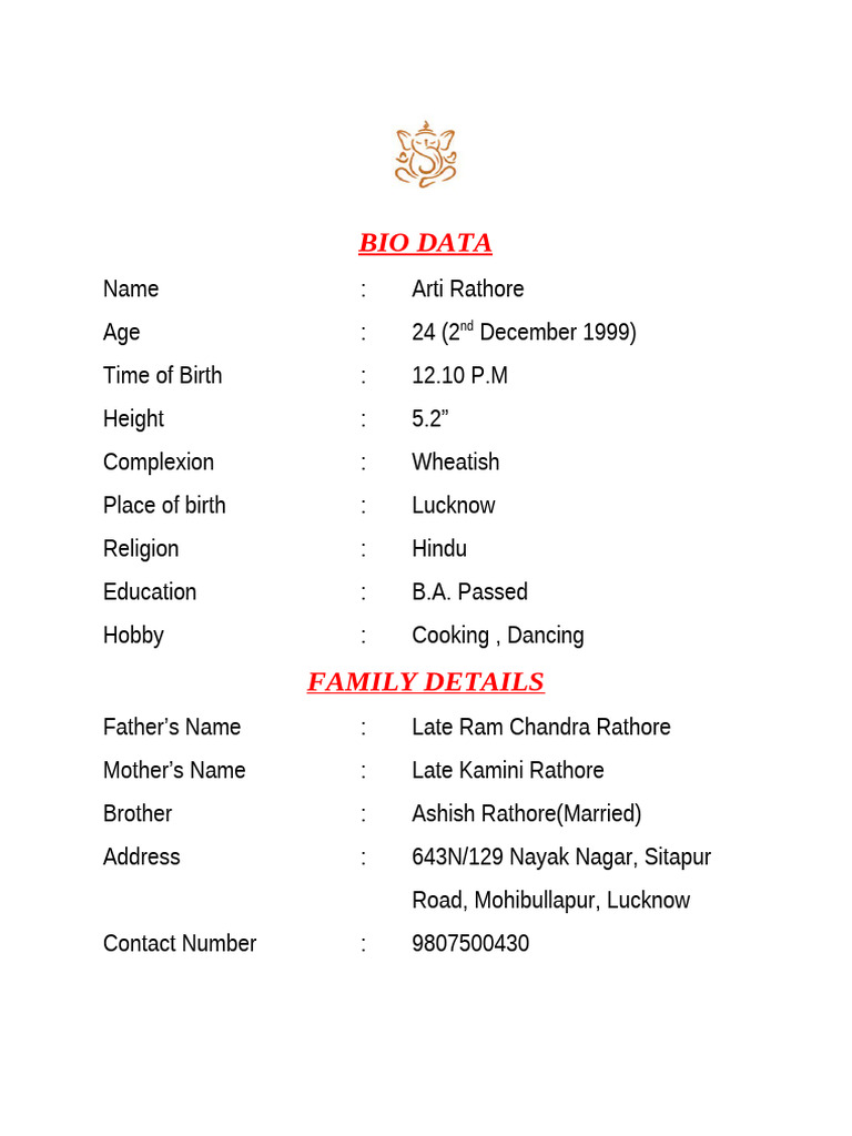 Arti Rathore's Personal Bio Data | PDF