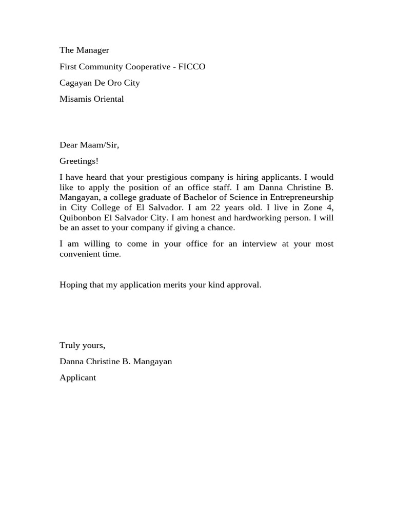 FICCO Office Staff Application Letter | PDF