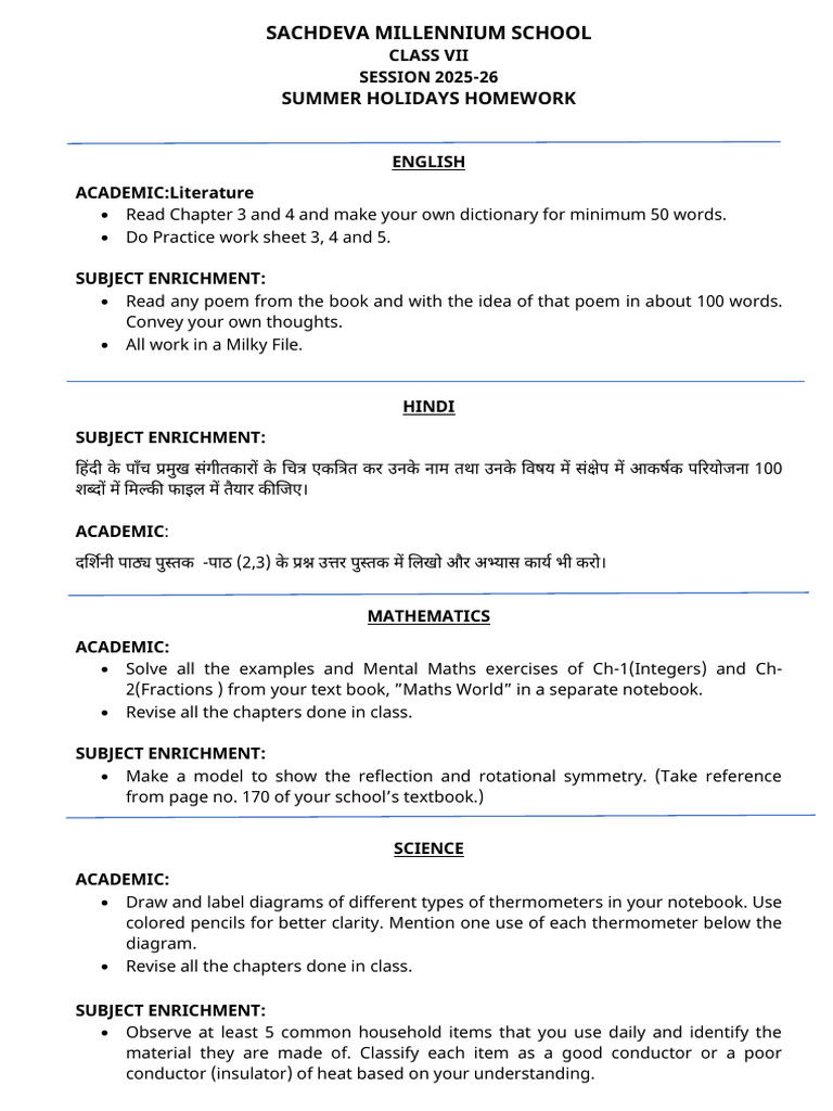 Class VII Summer Homework 2025-26 | PDF | Microsoft Excel | Mathematics