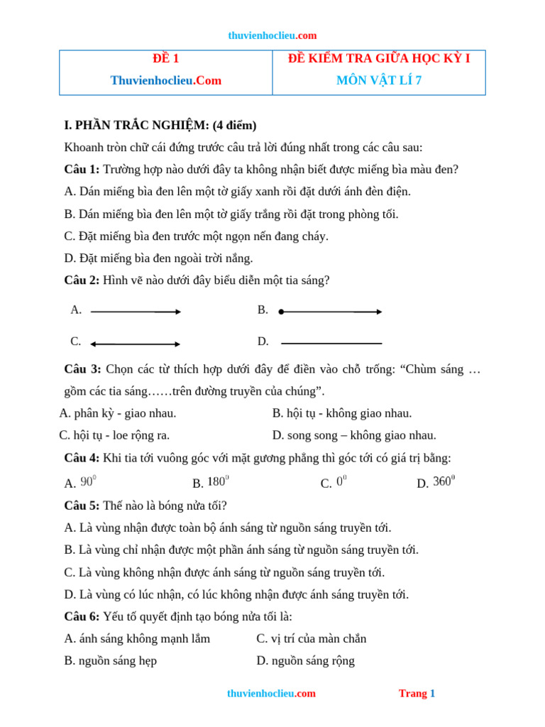 Bo de KT Giua HK1 Vat Li 7 Co Dap An | PDF