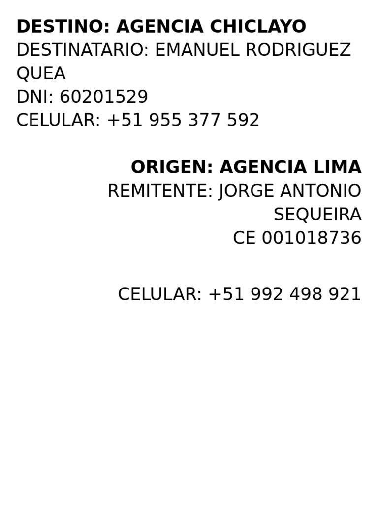 Rótulo de Envío para Shalom Chiclayo | PDF