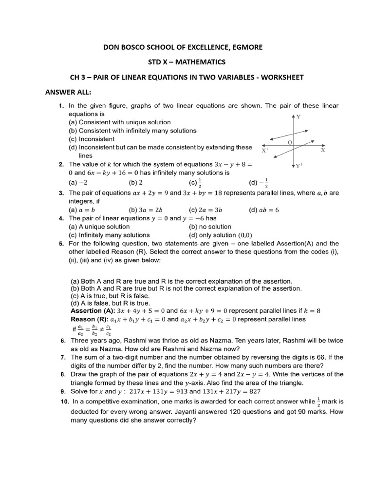 CH 3 - Pair of Linear Equations in Two Variables - Worksheet | PDF