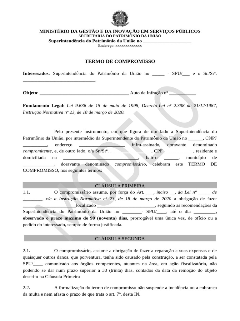 Termo de Compromisso SPU: Regras e Obrigações | PDF | Direito Comum ...