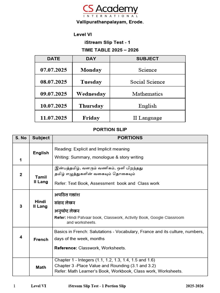 Level VI iStream Test Schedule 2025-2026 | PDF | Worksheet