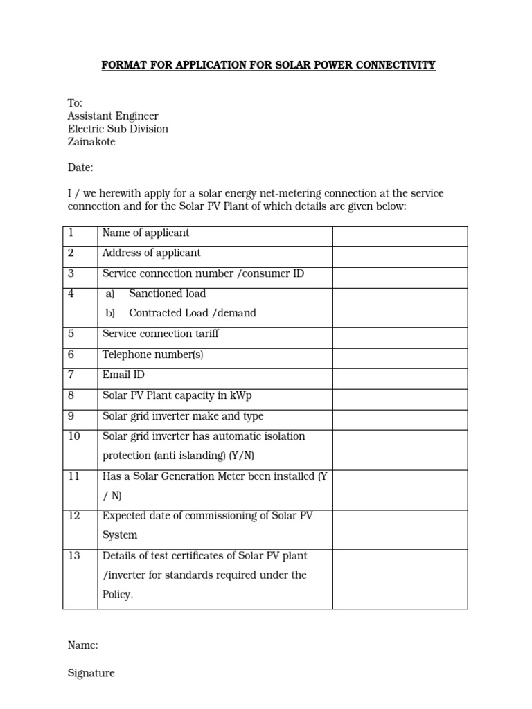 Solar Power Connectivity Application Form | PDF
