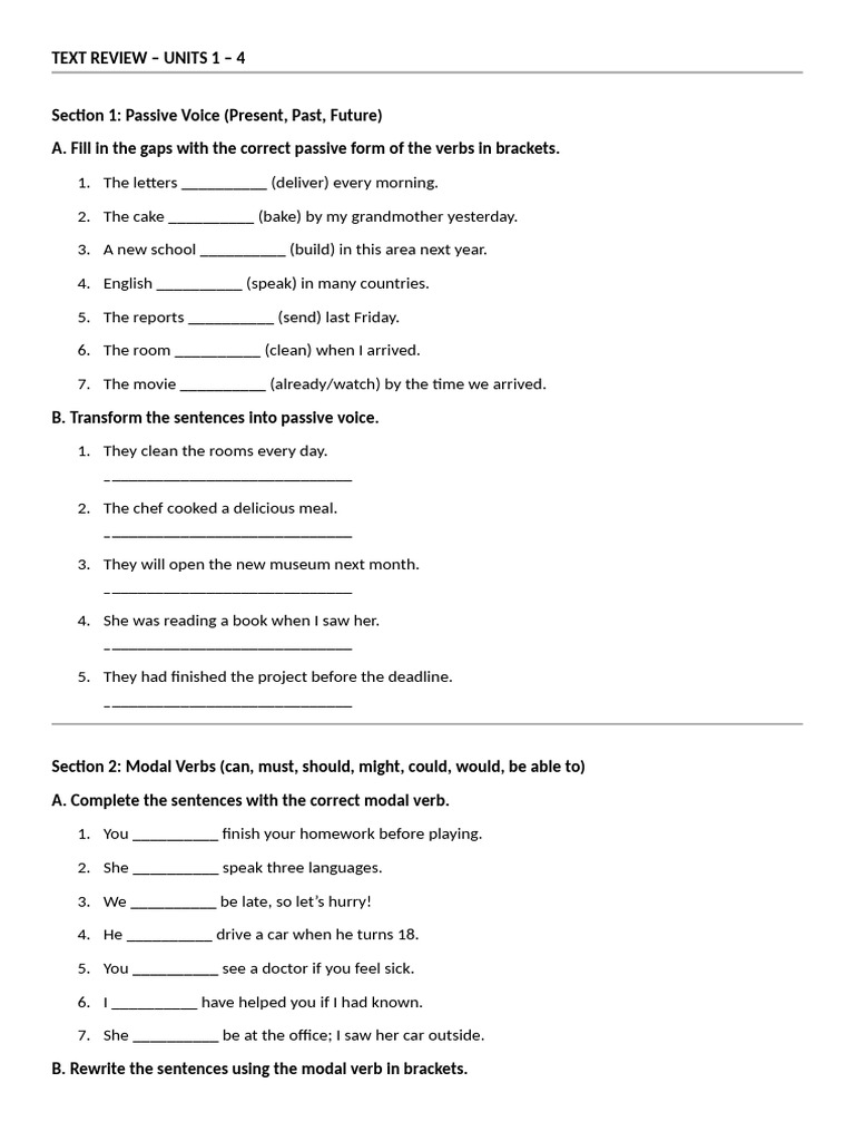 Passive Voice and Modal Verbs Exercises | PDF | Verb | Linguistic ...