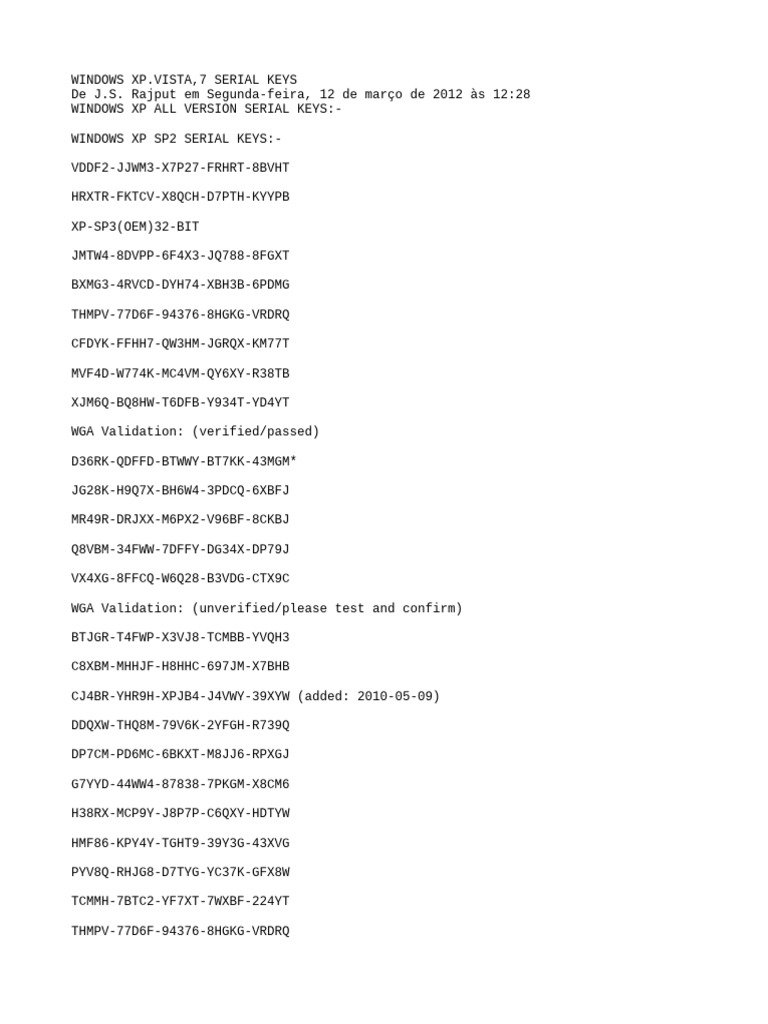 Windows XP Serial Keys List | PDF | Windows Xp | Operating System Families