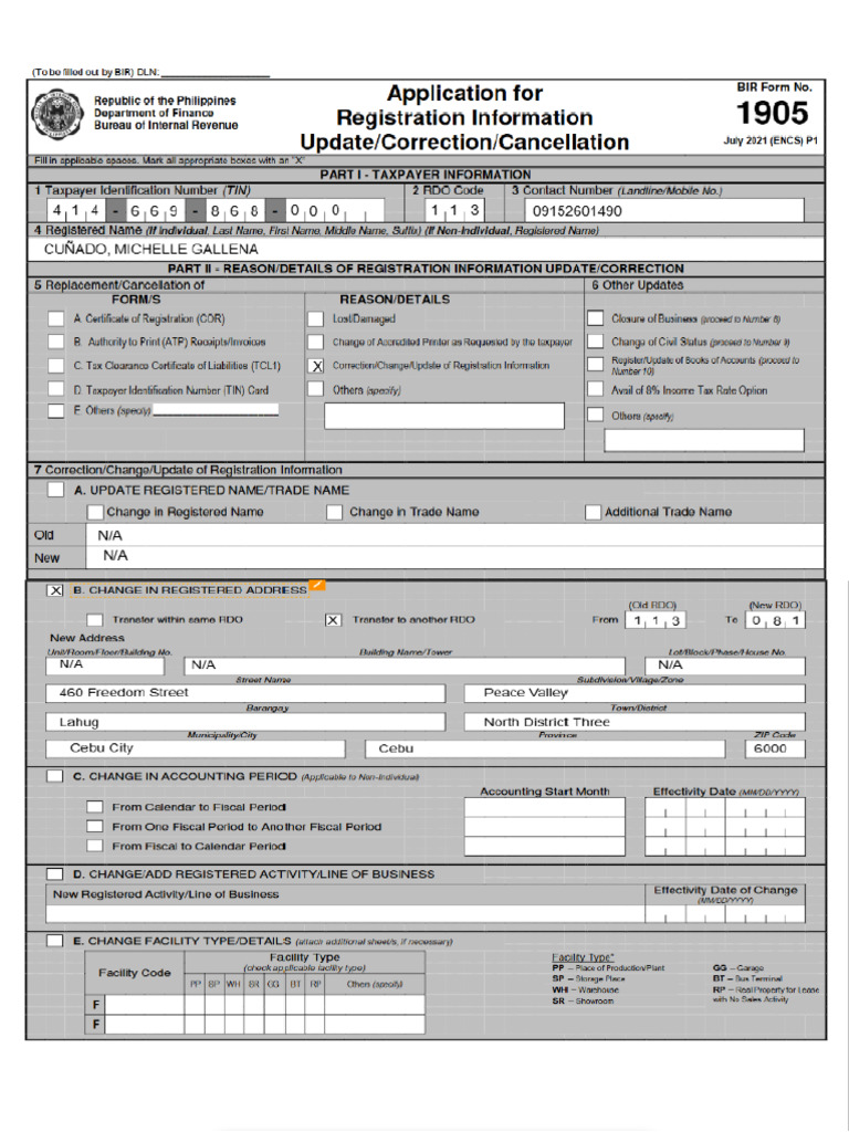 BIR Form 1905: Registration Changes | PDF | Receipt | Invoice