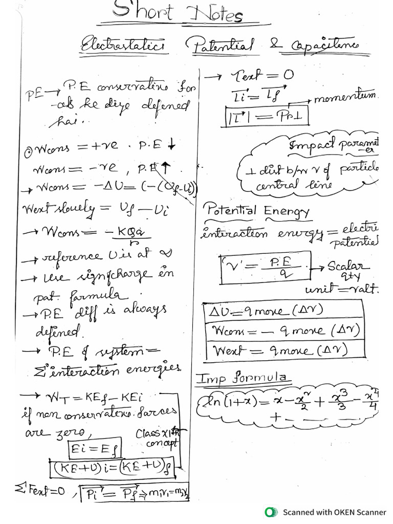 Short Notes Sahanara Begam Electrostatics Potential & Capacitance | PDF