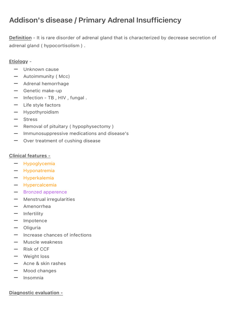 Addison's disease Primary Adrenal Insufficiency | PDF