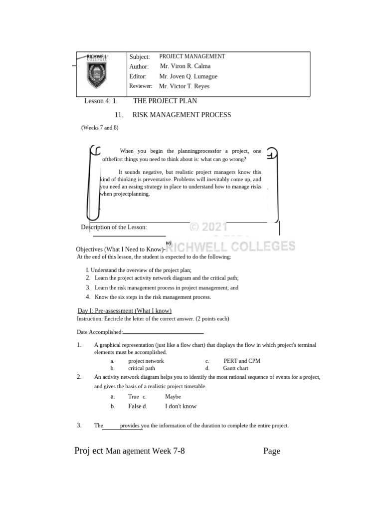 Project Management Lesson 4 | PDF | Project Management | Risk