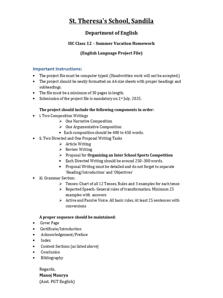 ISC Class 12 English Project Guidelines | PDF