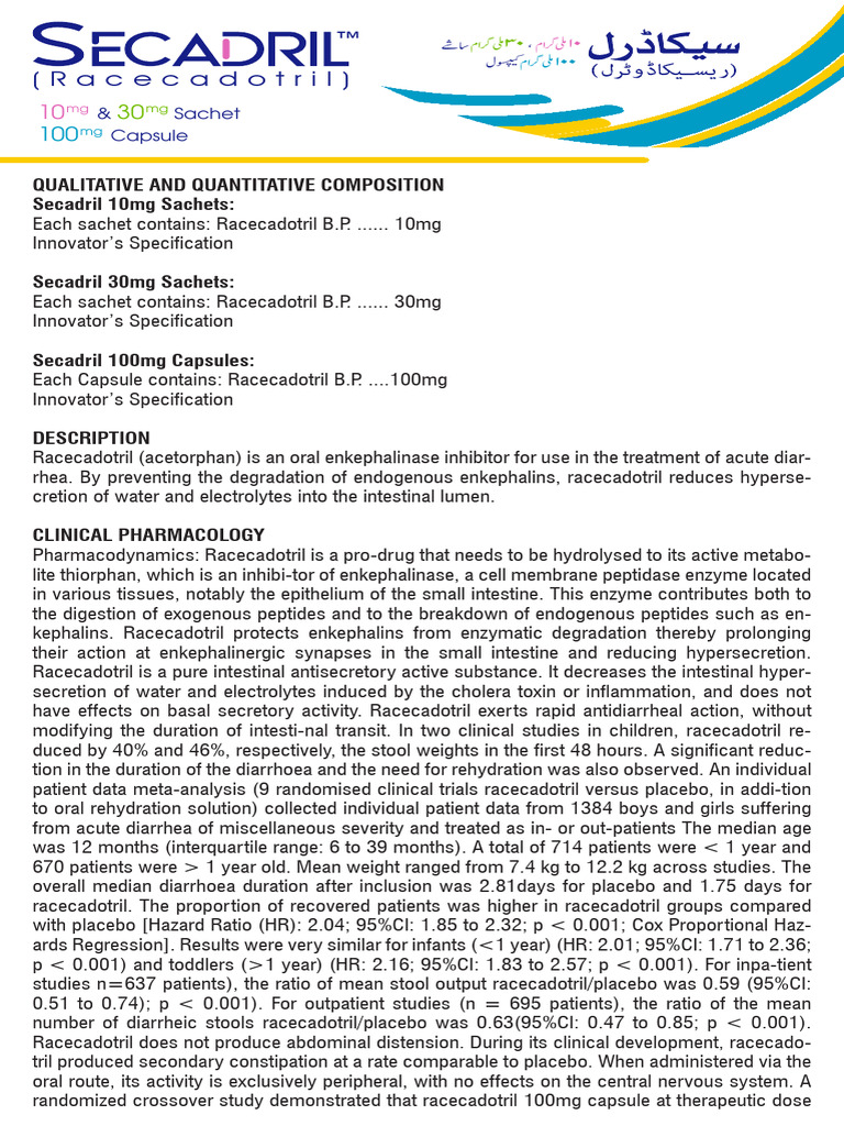 Secadril Sachets: Composition & Uses | PDF | Diarrhea | Enzyme Inhibitor