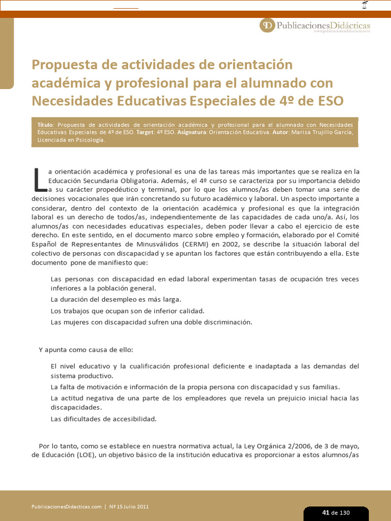 Actividades de Orientación para NEE en 4º ESO | PDF | Aprendizaje ...