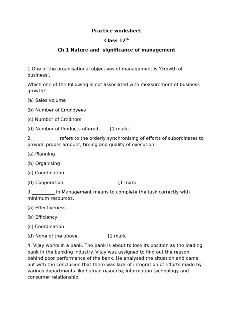 Class 12 Management Concepts Worksheet | PDF | Business Economics ...