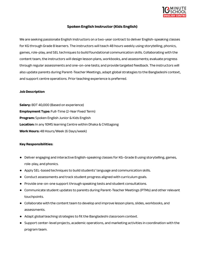 Spoken English Instructor (Kids English) Job Description - 10MS ...