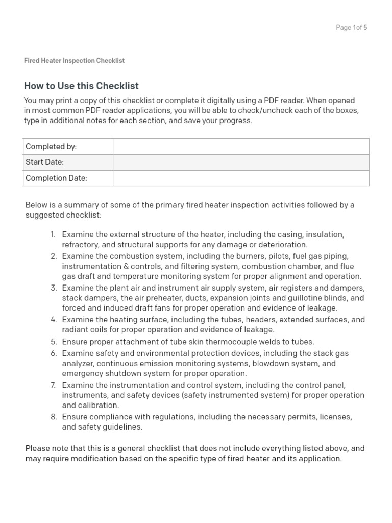 Fired Heater Inspection Checklist | PDF | Mechanical Engineering ...
