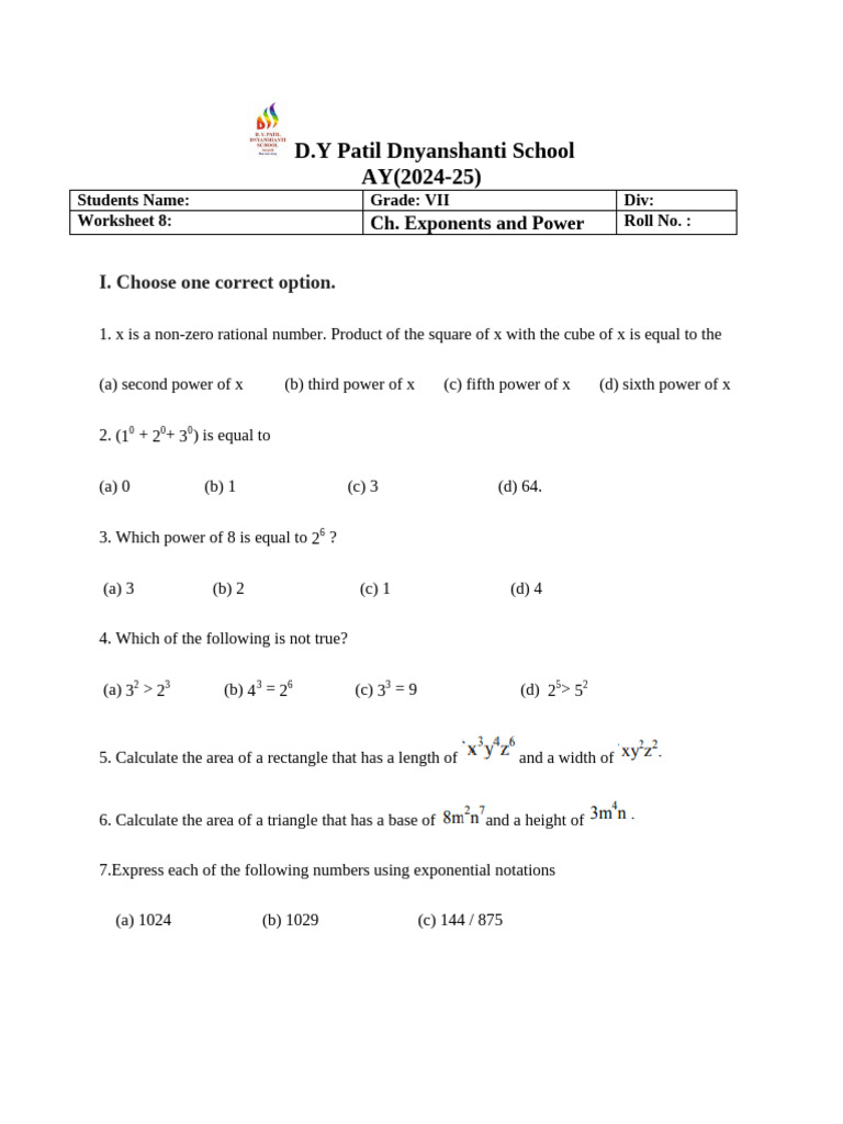 Exponents and Powers Worksheet VII | PDF
