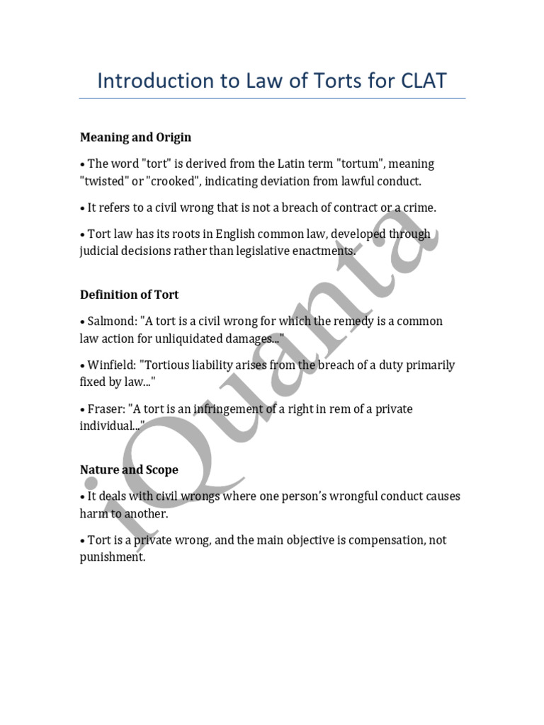 Overview of Tort Law for CLAT | PDF | Tort | Damages
