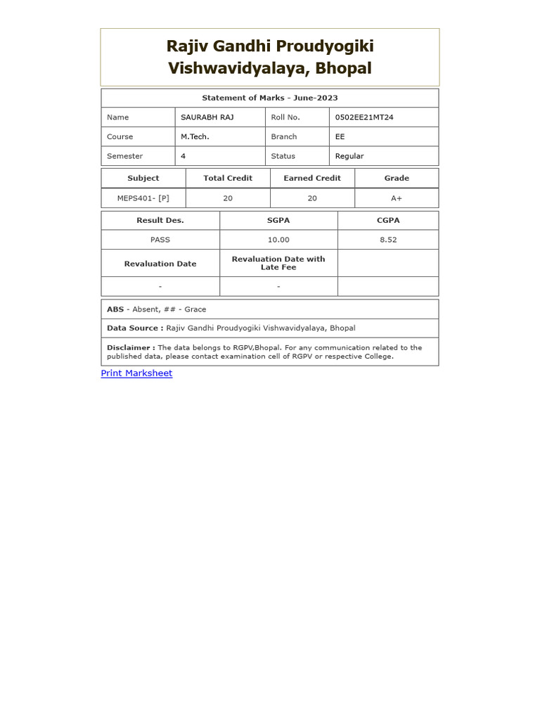 Mtech 4th Sem Result | PDF