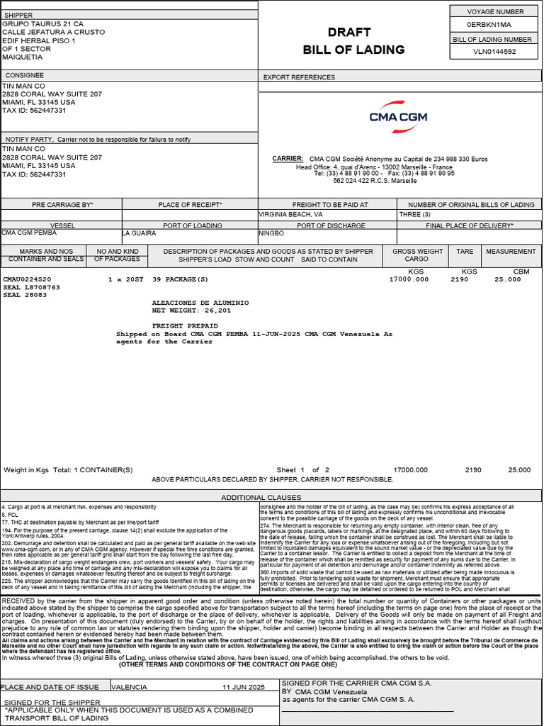 Bill of Lading for CMA CGM PEMBA | PDF | Bill Of Lading | Cargo