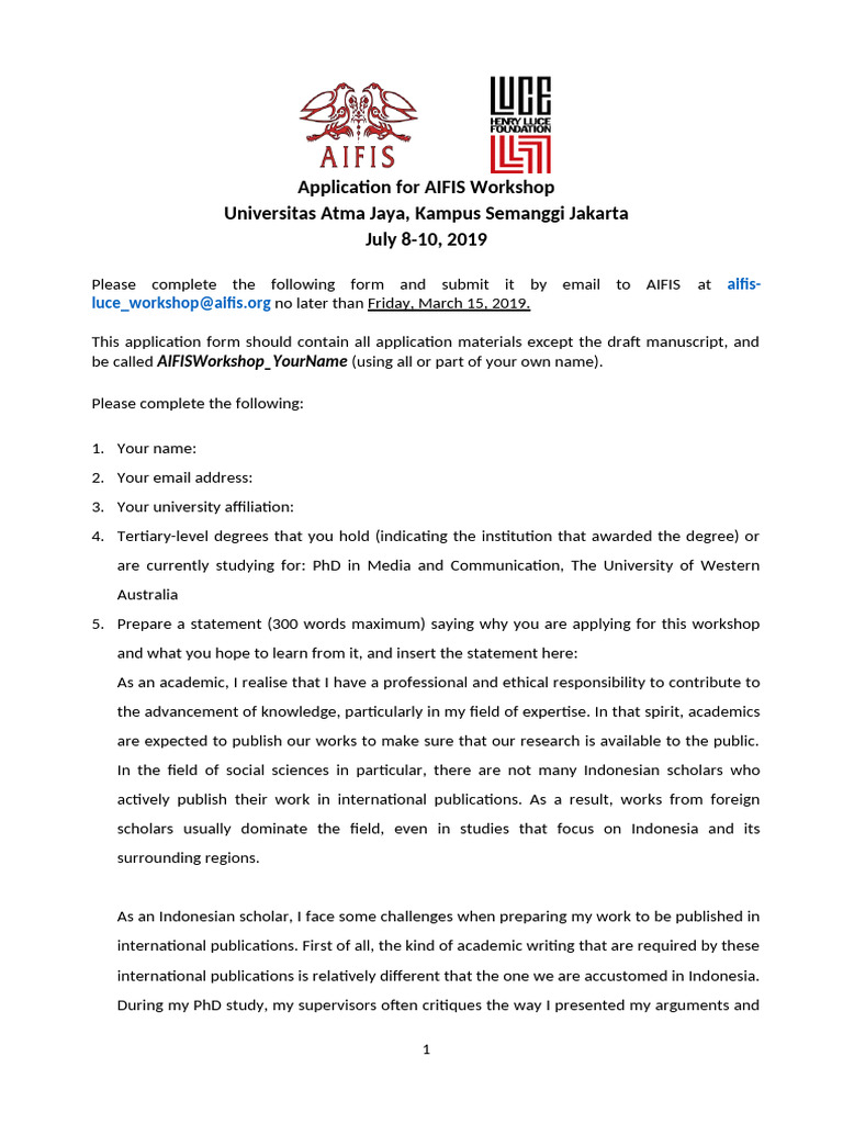 AIFIS Workshop Application Form | PDF