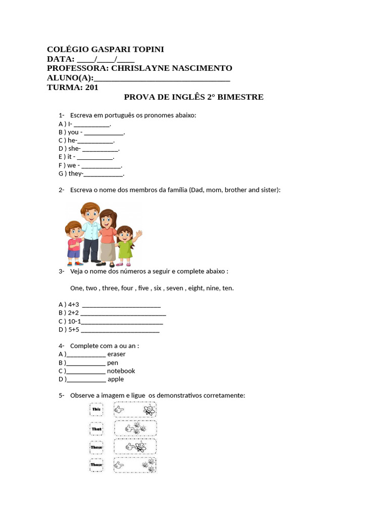 Prova de Inglês 2° Bimestre - Colégio Gaspari | PDF