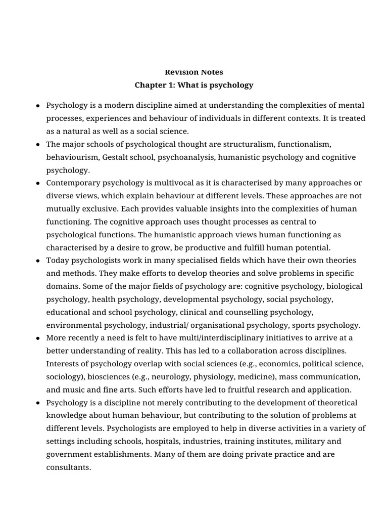 Revision Notes Chapter 1: What Is Psychology | PDF