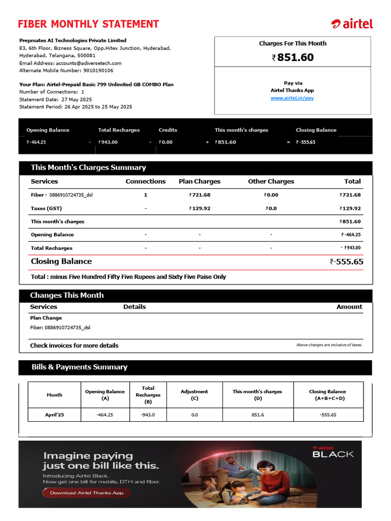 Prepmates Monthly Fiber Statement | PDF | Credit Card | Payments
