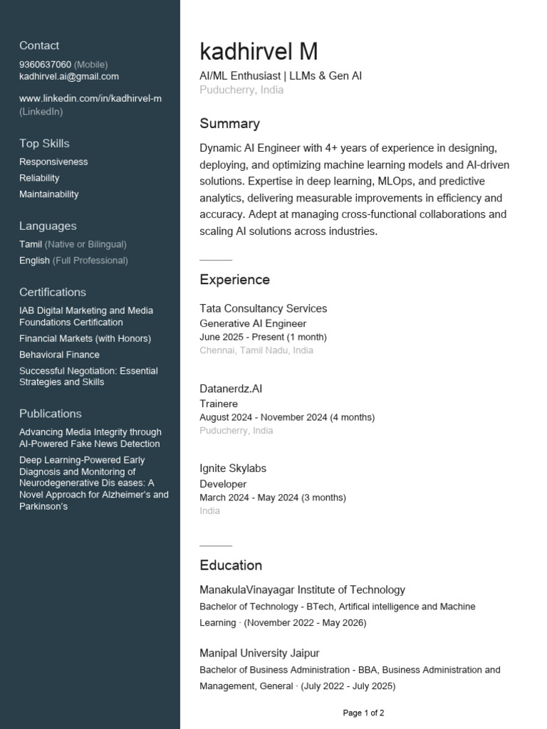 AI Engineer Profile: Skills & Experience | PDF