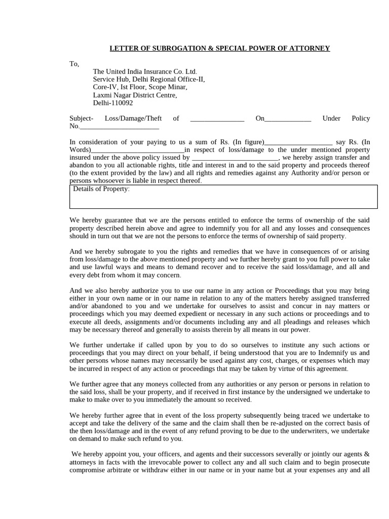 Letter of Subrogation Template | PDF | Lawsuit | Subrogation