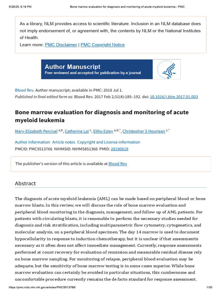 Bone Marrow Evaluation For Diagnosis and Monitoring of Acute Myeloid ...
