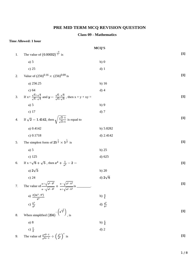 Class 9 Math MCQ Revision Questions | PDF | Cartesian Coordinate System ...