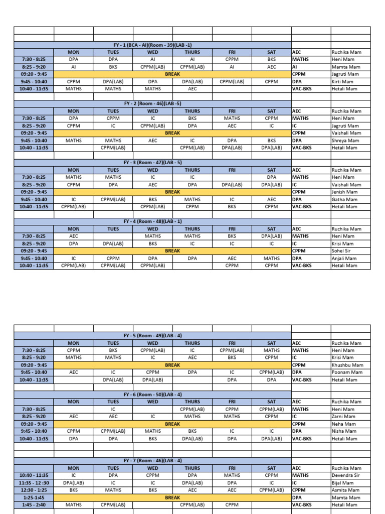 FYBCA Time Table (2025 26) | PDF