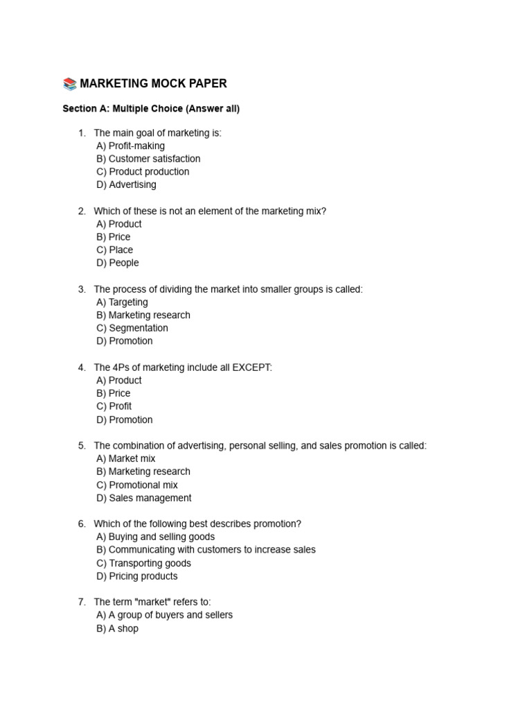 NECO Marketing Mock Exam Questions | PDF | Marketing | Earth