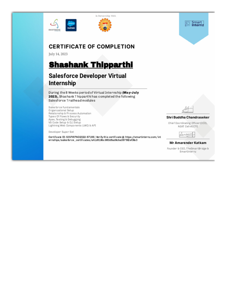 Salesforce Developer Internship Certificate | PDF