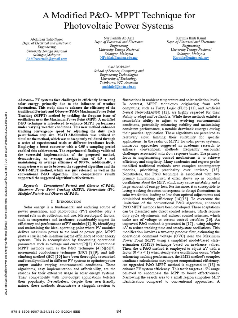 Enhanced P&O MPPT for PV Systems | PDF | Electronics | Energy Technology