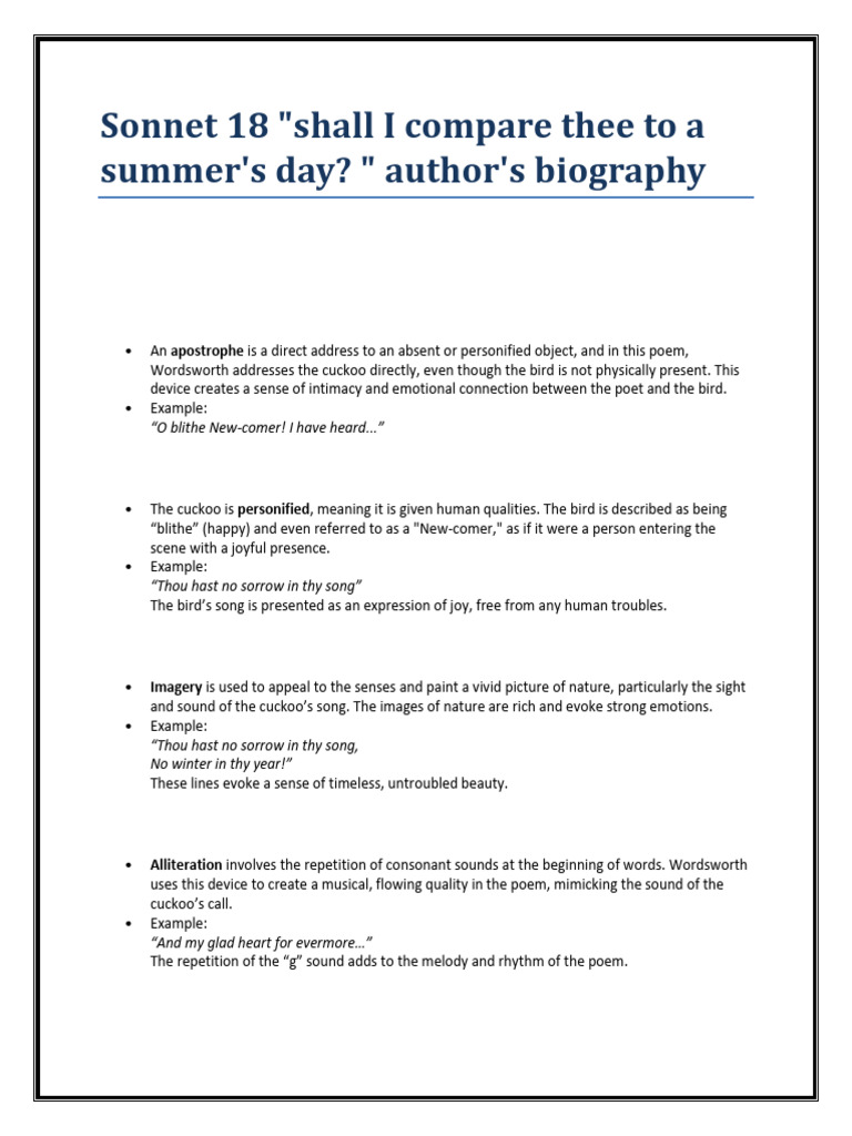 Shall I Compare Thee To A Summer's Day | PDF | Poetry | Sonnets