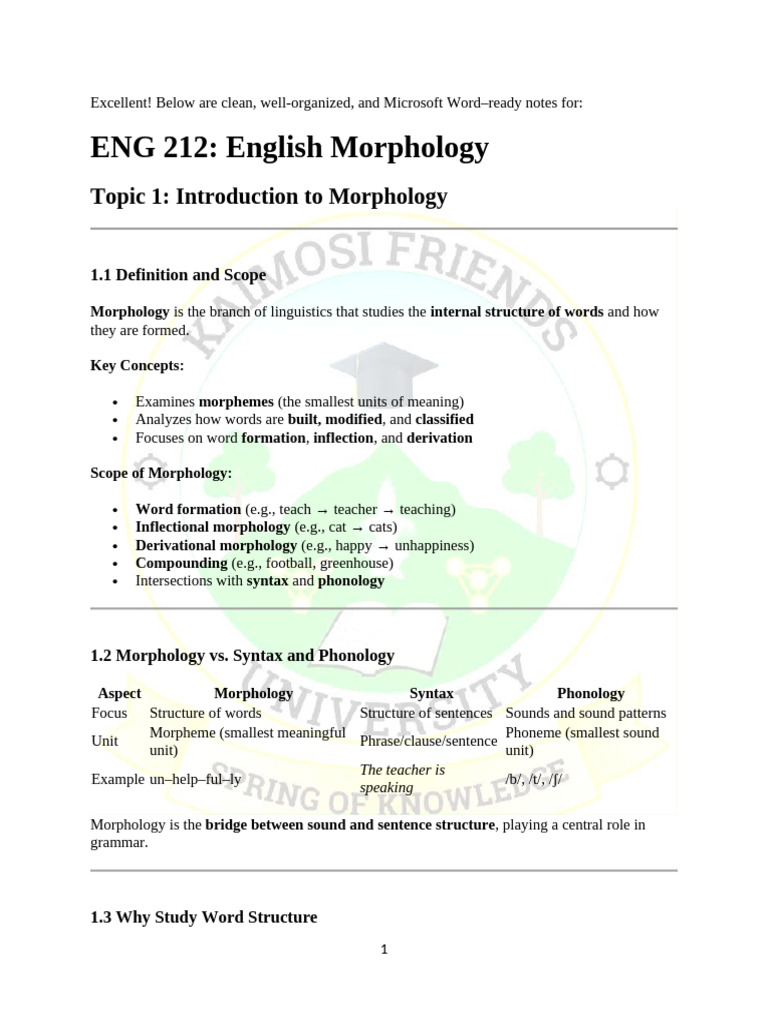 ENG 212: English Morphology Notes | PDF | Morphology (Linguistics) | Word
