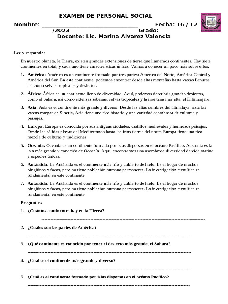 Examen de Personal Social 161223 | PDF | Continente | Américas