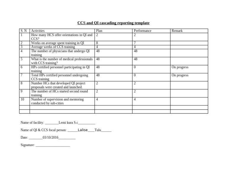 CCS and QI Cascading Reporting Template-Sub-City | PDF